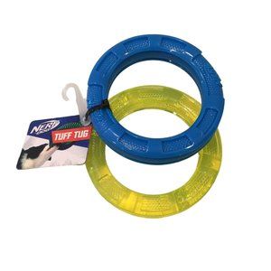 NERF DOG 4 1/2" Tuff Tug 2 Ring Dog Toy Royal Blue Lime